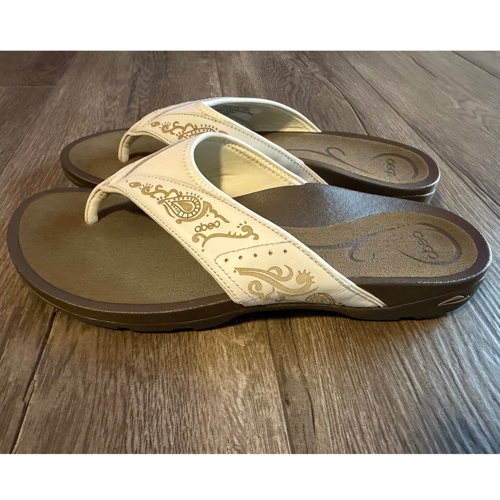 Abeo Balboa W400 10N White Brown Leather Paisley Thong Sandals Comfort